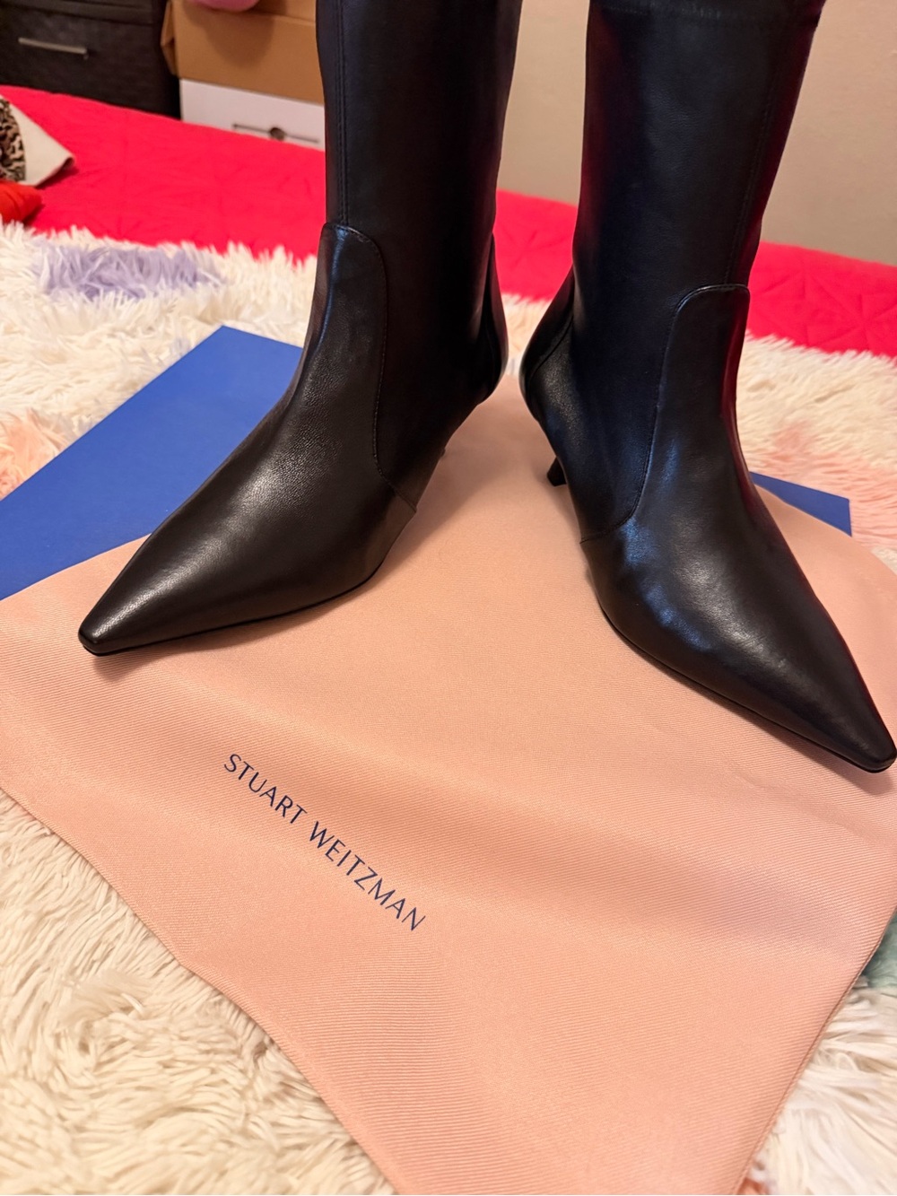 Stuart Weitzman Black Pointed Toe Mid-Heel Boots